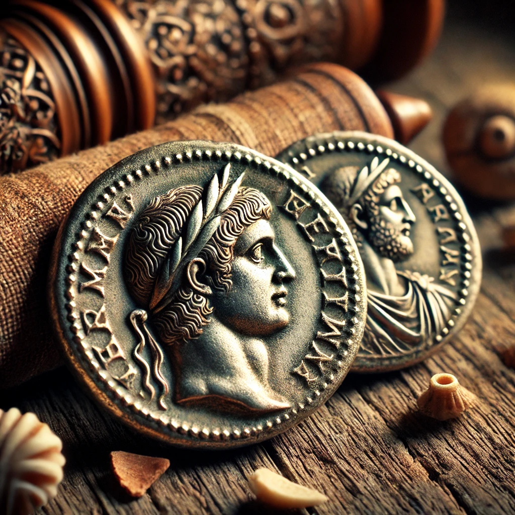 Primer plano de un denario romano antiguo con detalles visibles de un emperador en el anverso y un diseño mitológico en el reverso, colocado sobre una superficie de madera envejecida con artefactos históricos alrededor.